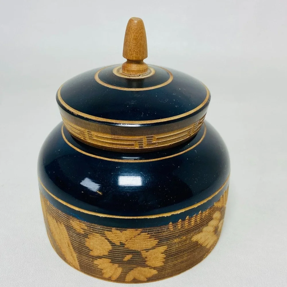 VTG Taxco Mexico Handmade Turned Black Floral Wood Lacquer Trinket Jewelry‎ Box